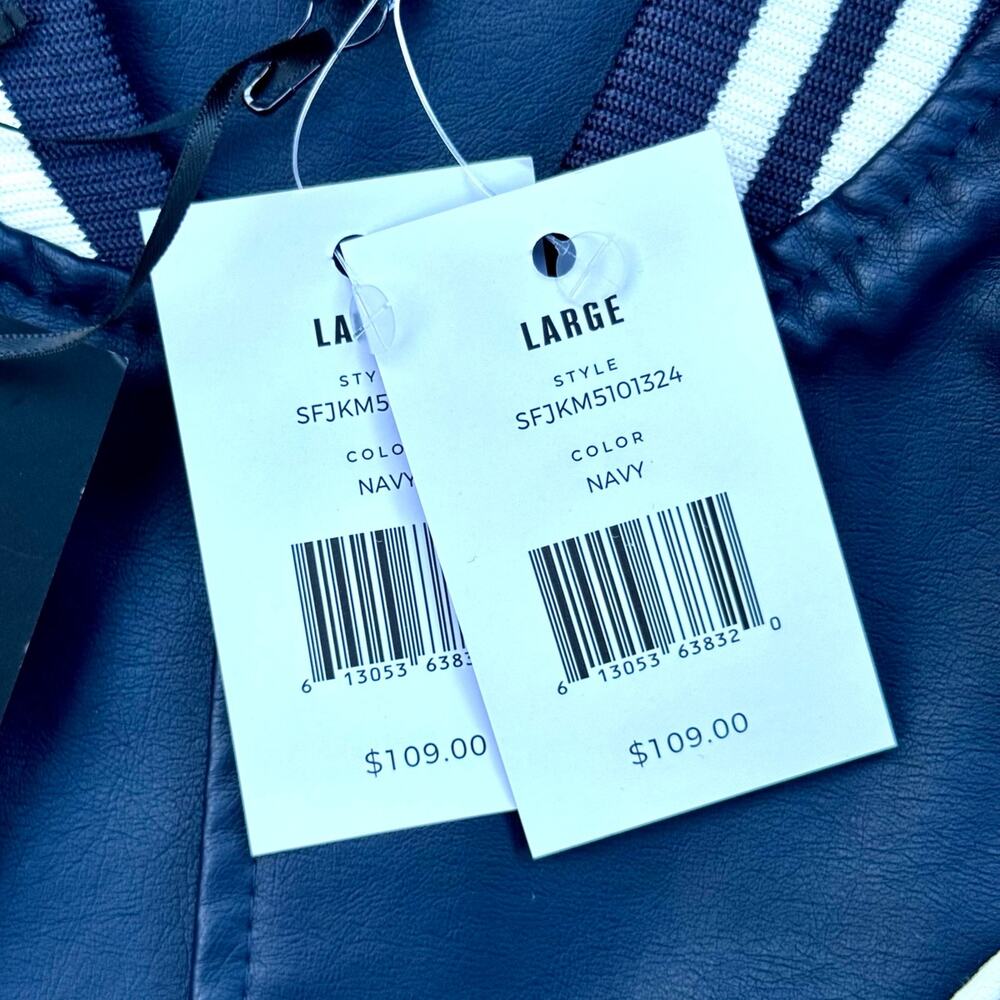Stone Falcon Navy Blue Faux Leather Varsity Bomber Jacket 03 New With Tags - Picture 3 of 5